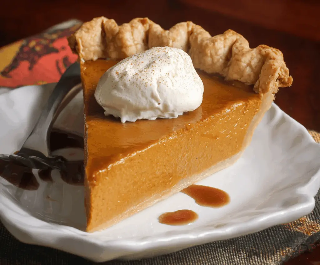 Delicious homemade Pumpkin Butter Pie topped with whipped cream and cinnamon, served on a festive plate for fall dessert