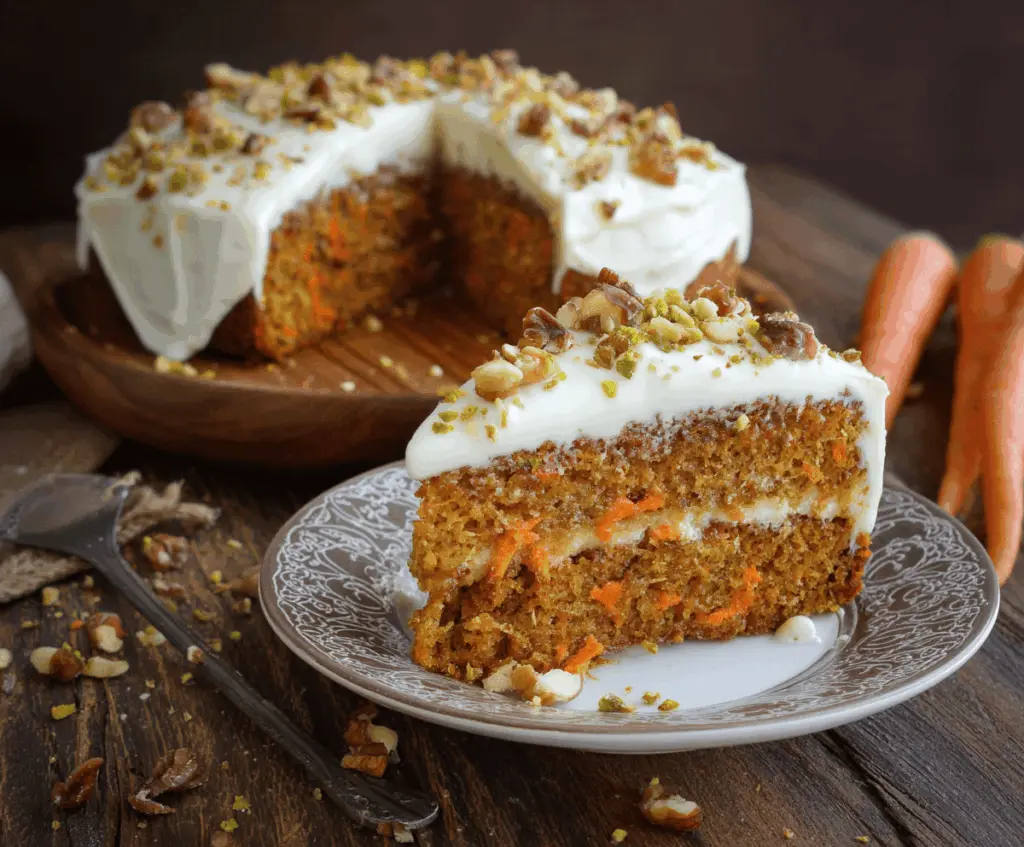 Delicious homemade pumpkin carrot cake topped with cream cheese frosting and decorated with walnuts, perfect for fall celebrations.