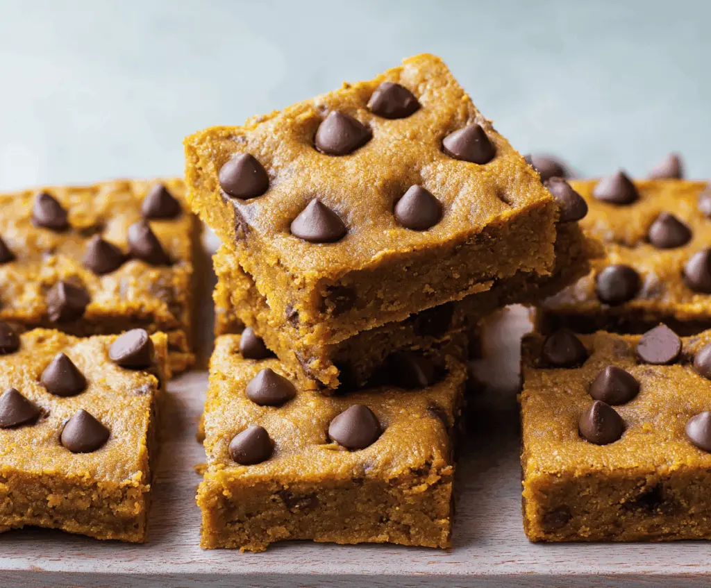 Delicious homemade pumpkin chocolate chip bars with a golden crust and gooey chocolate chips on top, perfect for fall desserts