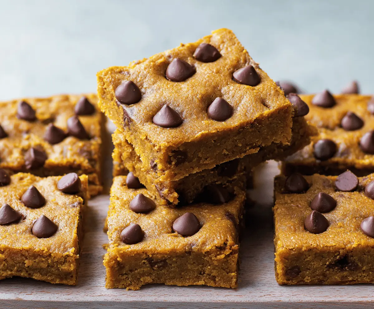 Delicious homemade pumpkin chocolate chip bars with a golden crust and gooey chocolate chips on top, perfect for fall desserts
