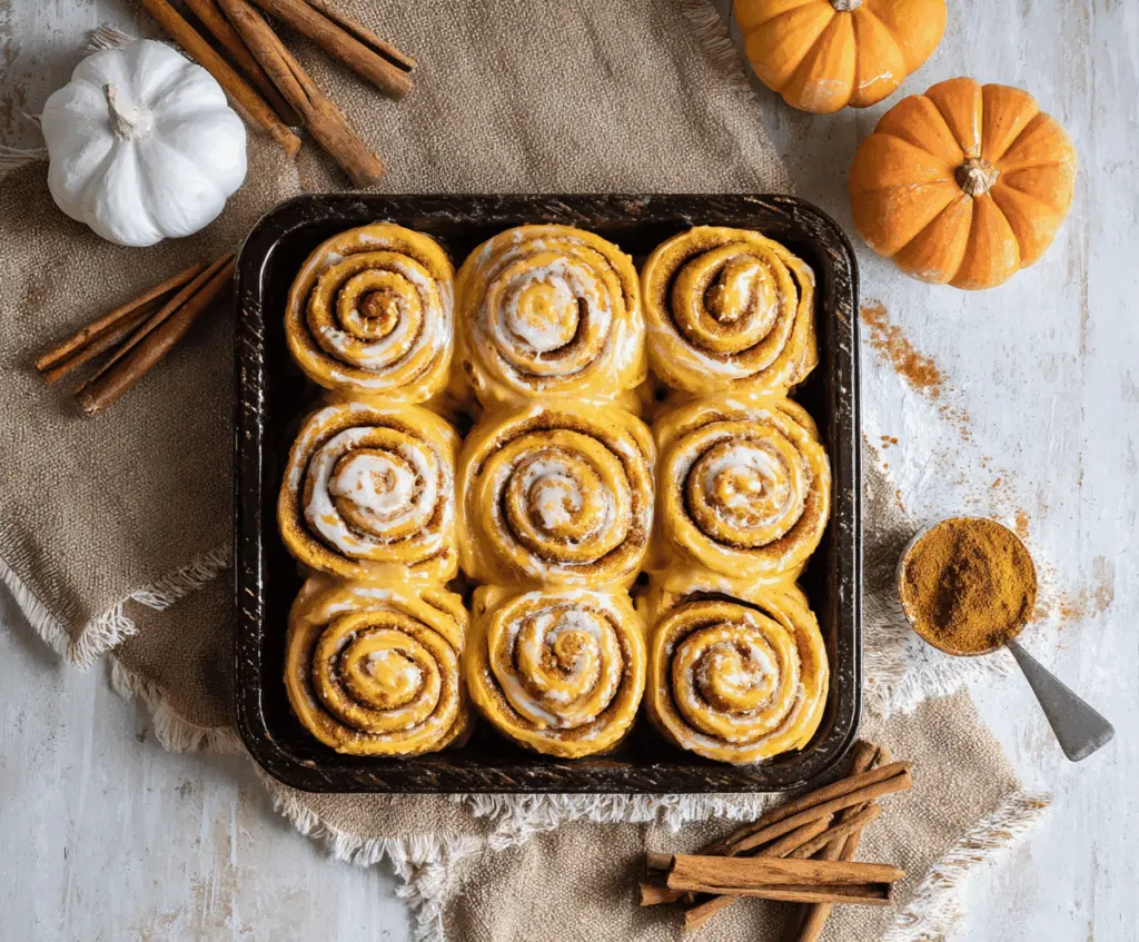 Pumpkin Cinnamon Rolls topped with Coffee Maple Frosting on a plate, perfect for fall breakfast or dessert