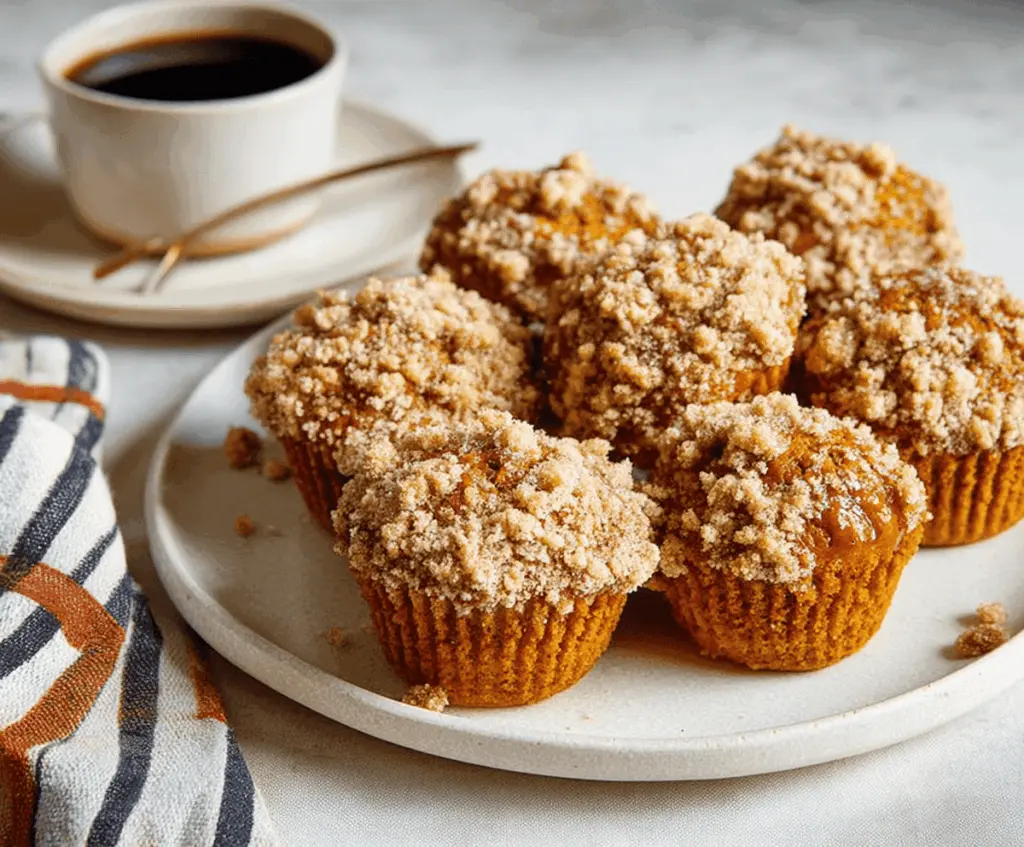 Delicious pumpkin coffee cake muffins topped with cinnamon streusel, ready to enjoy for breakfast or snack.