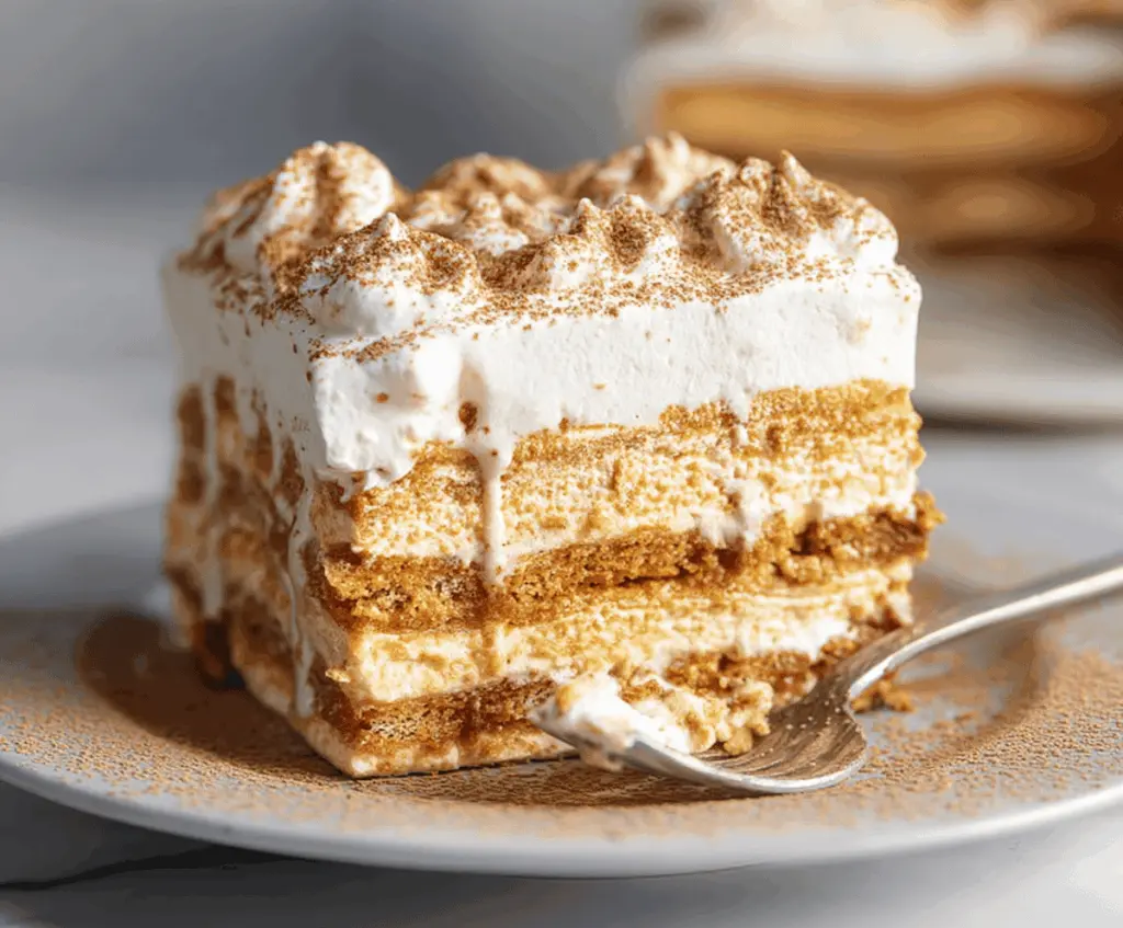 Delicious Pumpkin Icebox Cake with whipped cream and cinnamon garnished with pumpkin seeds, perfect for fall desserts