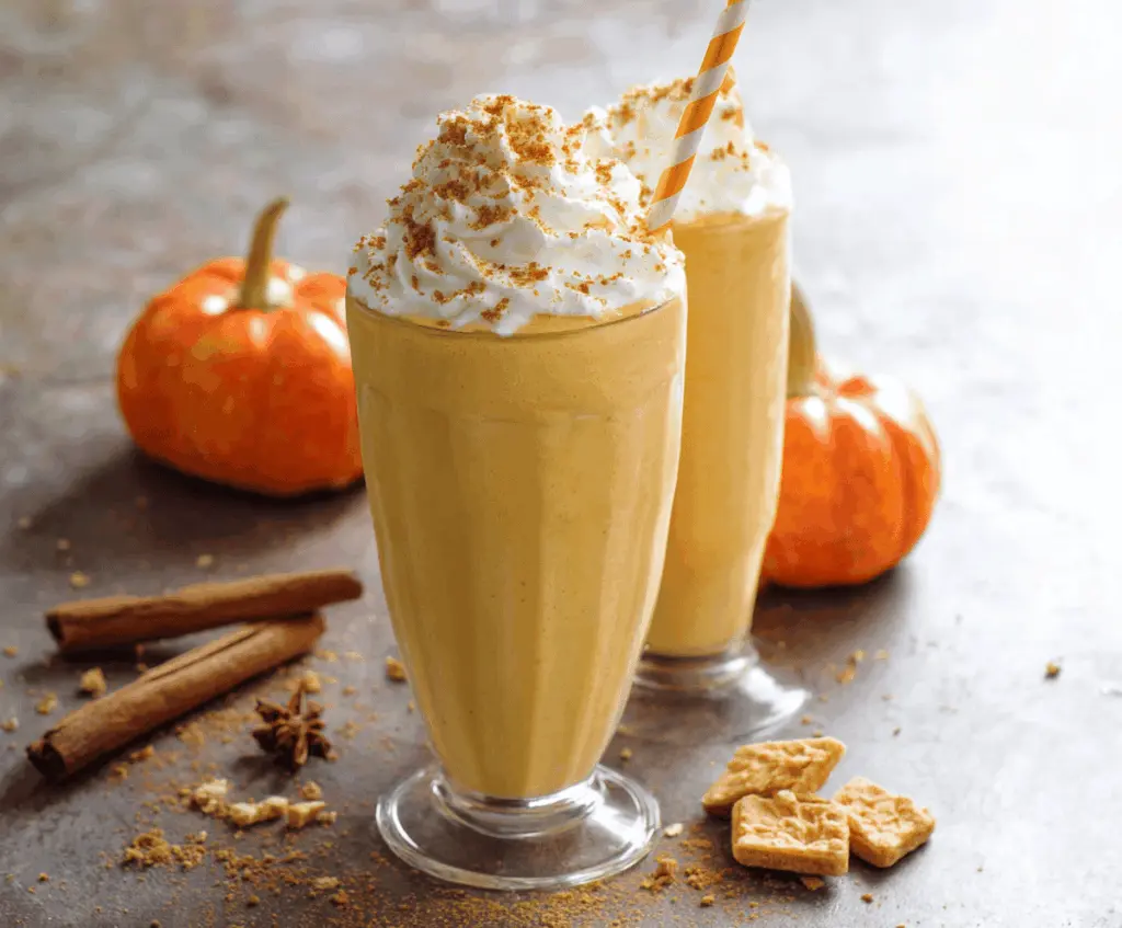 Creamy pumpkin milkshake topped with whipped cream and cinnamon, perfect for fall, served in a glass with a straw.