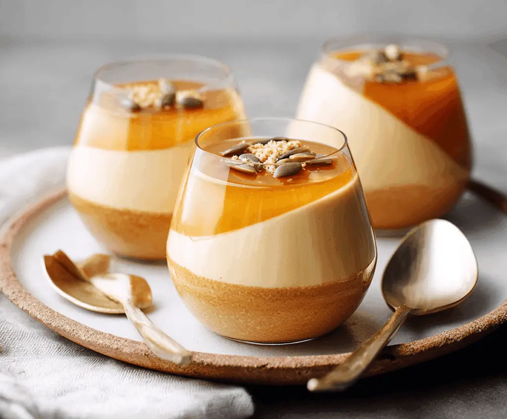 Creamy pumpkin panna cotta topped with whipped cream and pumpkin seeds, served in a glass bowl, perfect for fall desserts.