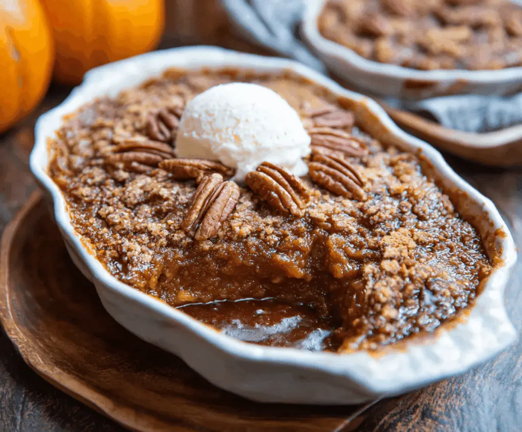 Delicious Pumpkin Pecan Cobbler topped with whipped cream and caramel drizzle, served in a rustic baking dish.