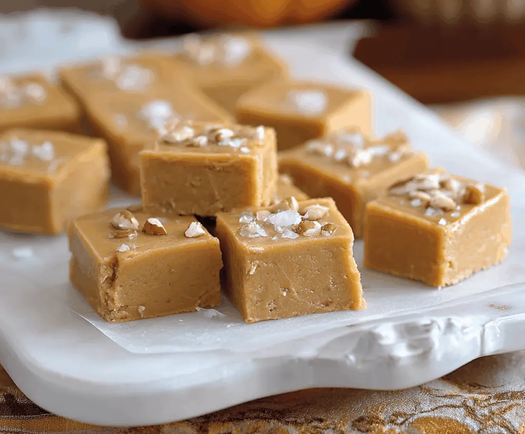 Creamy pumpkin pie fudge topped with whipped cream and cinnamon, perfect for fall desserts.