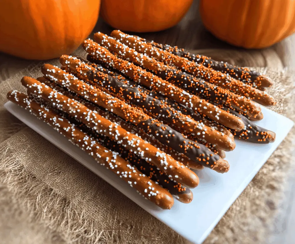 Delicious pumpkin-shaped pretzel rods decorated with orange and black icing for fall Halloween treats