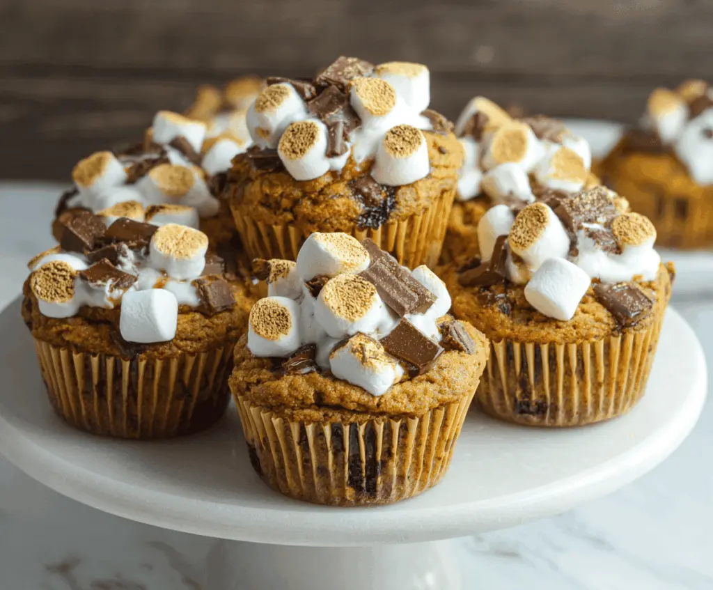 Delicious Pumpkin S'mores Muffins topped with marshmallows and chocolate, perfect for fall treats.