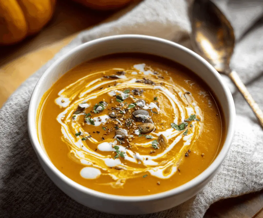 Creamy pumpkin soup served in a bowl, garnished with fresh herbs and pumpkin seeds, perfect for a cozy autumn meal.