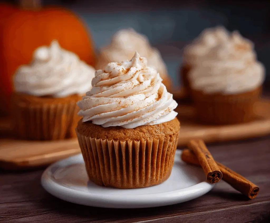 Delicious homemade pumpkin spice cupcakes topped with cream cheese frosting and sprinkled with cinnamon, perfect for fall desserts.