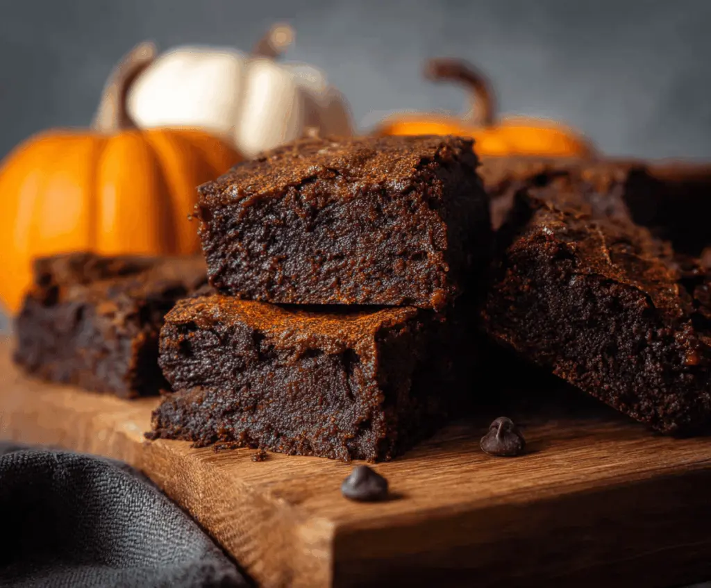 Delicious pumpkin spiced brownies with a rich chocolate texture topped with cinnamon and nutmeg, perfect for fall desserts.