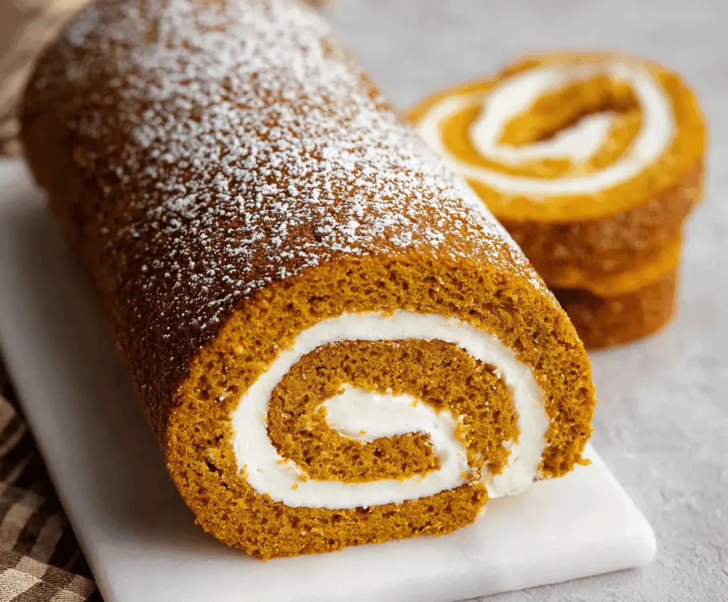 Delicious pumpkin Swiss roll cake with cream filling, decorated with powdered sugar and cinnamon, perfect for fall desserts.