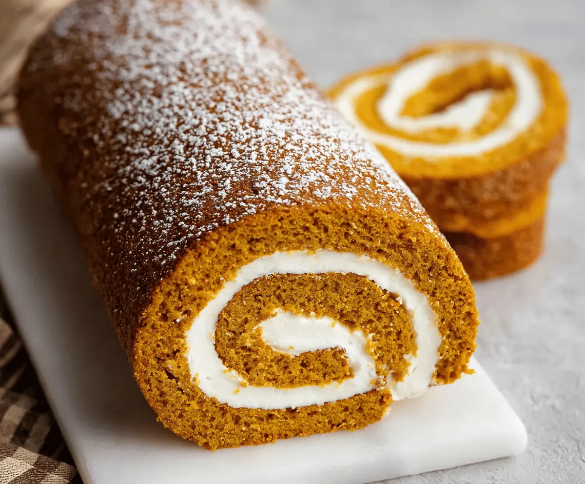 Delicious pumpkin Swiss roll cake with cream filling, decorated with powdered sugar and cinnamon, perfect for fall desserts.
