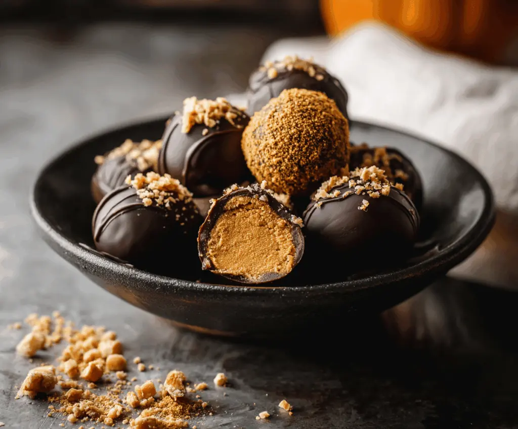 Delicious homemade pumpkin truffles coated in chocolate, perfect for fall desserts and holiday treats.
