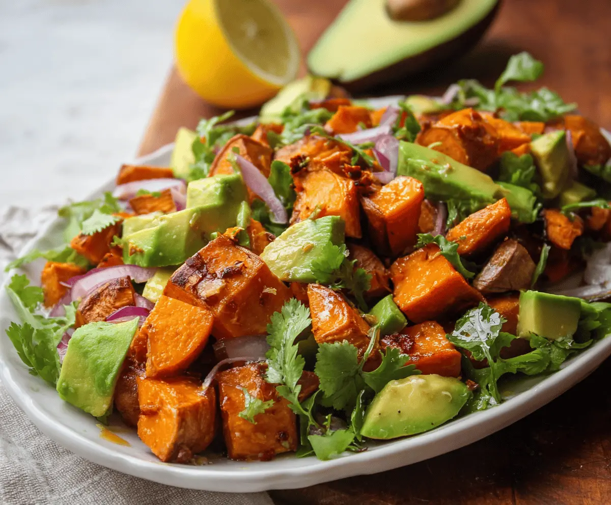 Fresh roasted sweet potato and creamy avocado salad with greens and herbs, perfect for a healthy and delicious meal.