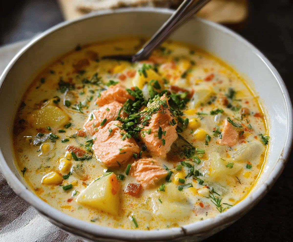 Creamy salmon chowder soup with chunks of fresh salmon, potatoes, corn, and herbs in a bowl, served hot with a spoon