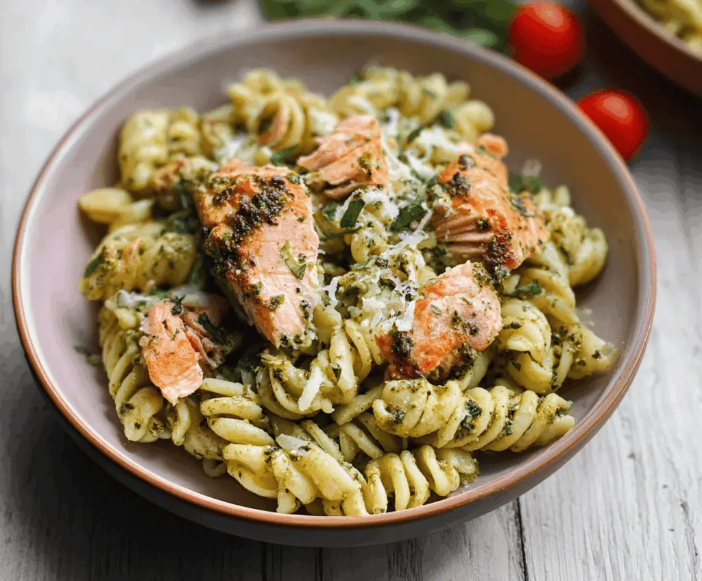 Creamy salmon pesto pasta garnished with fresh basil and cherry tomatoes on a white plate.