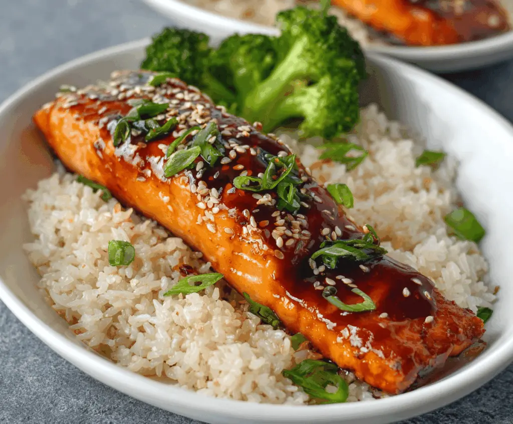 Delicious savory teriyaki salmon fillet garnished with sesame seeds and green onions, served on a white plate for a flavorful meal.