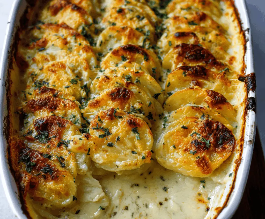 Delicious creamy scalloped potatoes baked to perfection with golden-brown topping and cheesy layers, served as a comforting side dish.