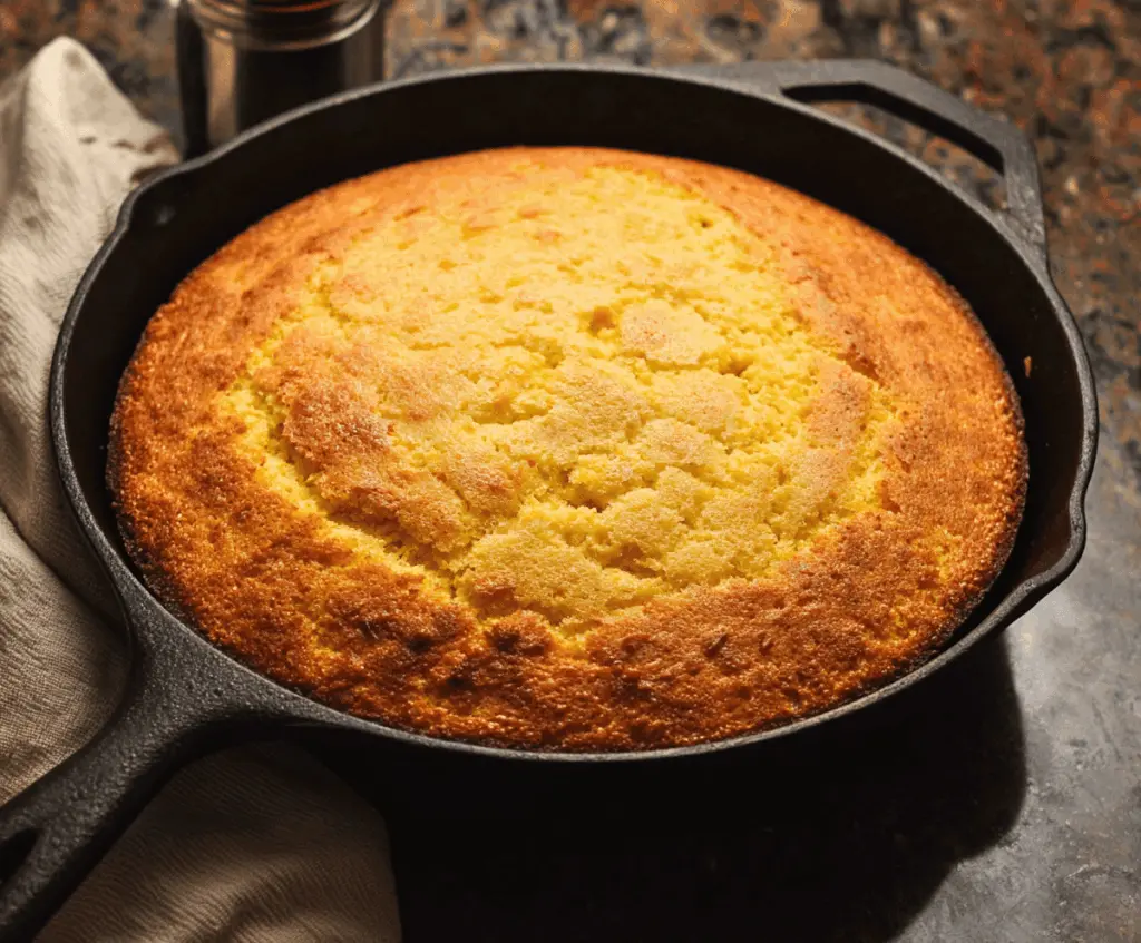 Golden skillet cornbread fresh out of the oven, served in a rustic cast iron skillet with a crispy crust and fluffy interior