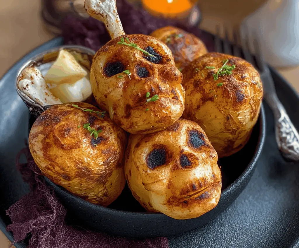 Creative Skull Potatoes topped with spooky Bone Breadsticks for a Halloween-themed appetizer.