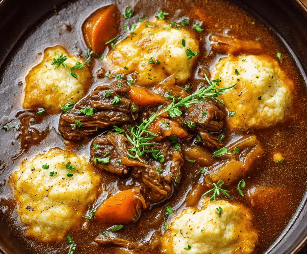 Hearty slow cooker beef stew topped with fluffy dumplings in a rustic bowl, ready to serve