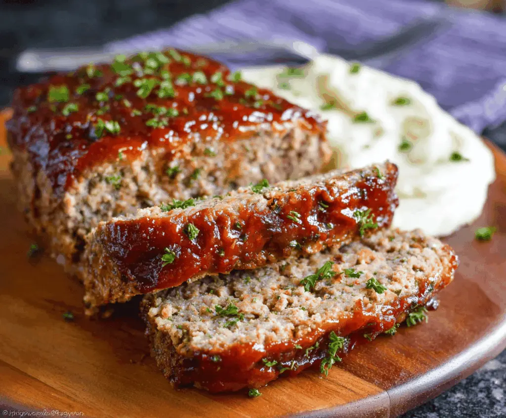 Delicious homemade slow cooker meatloaf topped with ketchup and herbs, served on a plate with mashed potatoes and green beans