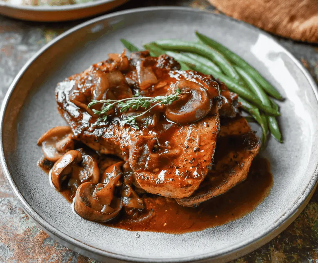 Juicy slow cooker pork chops topped with fresh herbs served with roasted vegetables on a plate