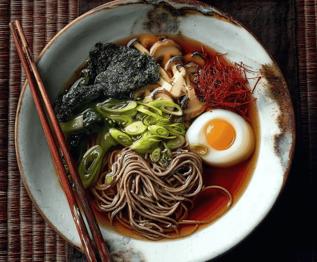 A steaming bowl of soba noodle soup garnished with sliced green onions, fresh vegetables, and a flavorful broth, served in a traditional ceramic bowl.