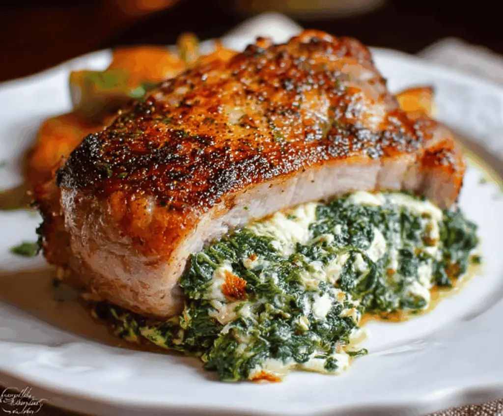 Juicy pork chops stuffed with fresh spinach and melted cheese on a baking dish