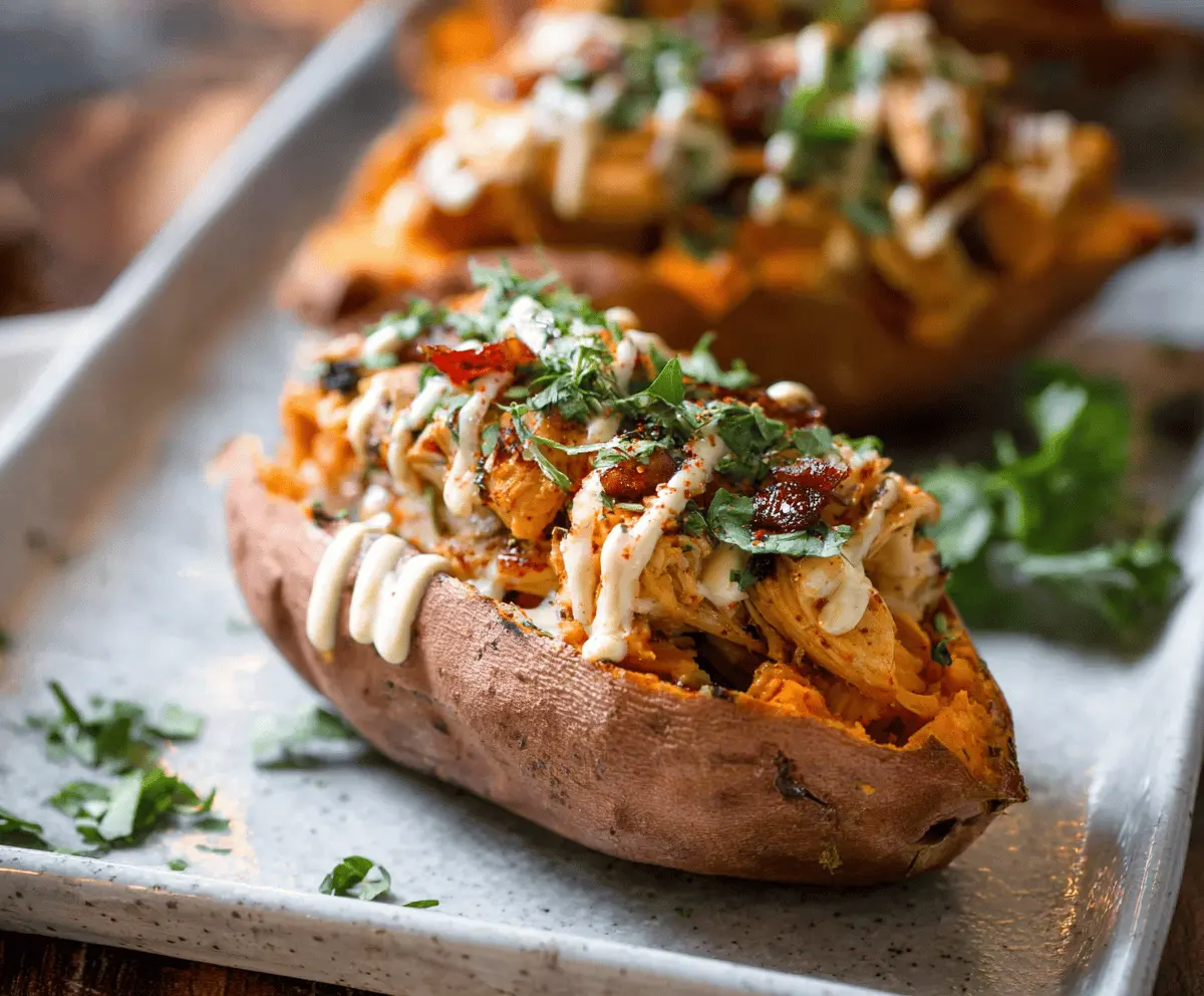 Healthy stuffed sweet potato topped with tender grilled chicken, fresh vegetables, and herbs, perfect for a nutritious and flavorful meal.