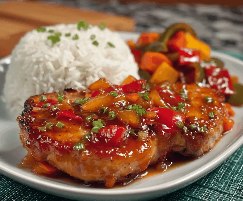Juicy sweet and sour pork chops glazed with vibrant sauce, garnished with fresh vegetables, served on a plate