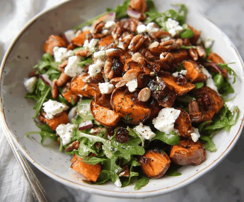Colorful sweet potato and feta salad with fresh greens and a drizzle of vinaigrette, perfect for a healthy meal.