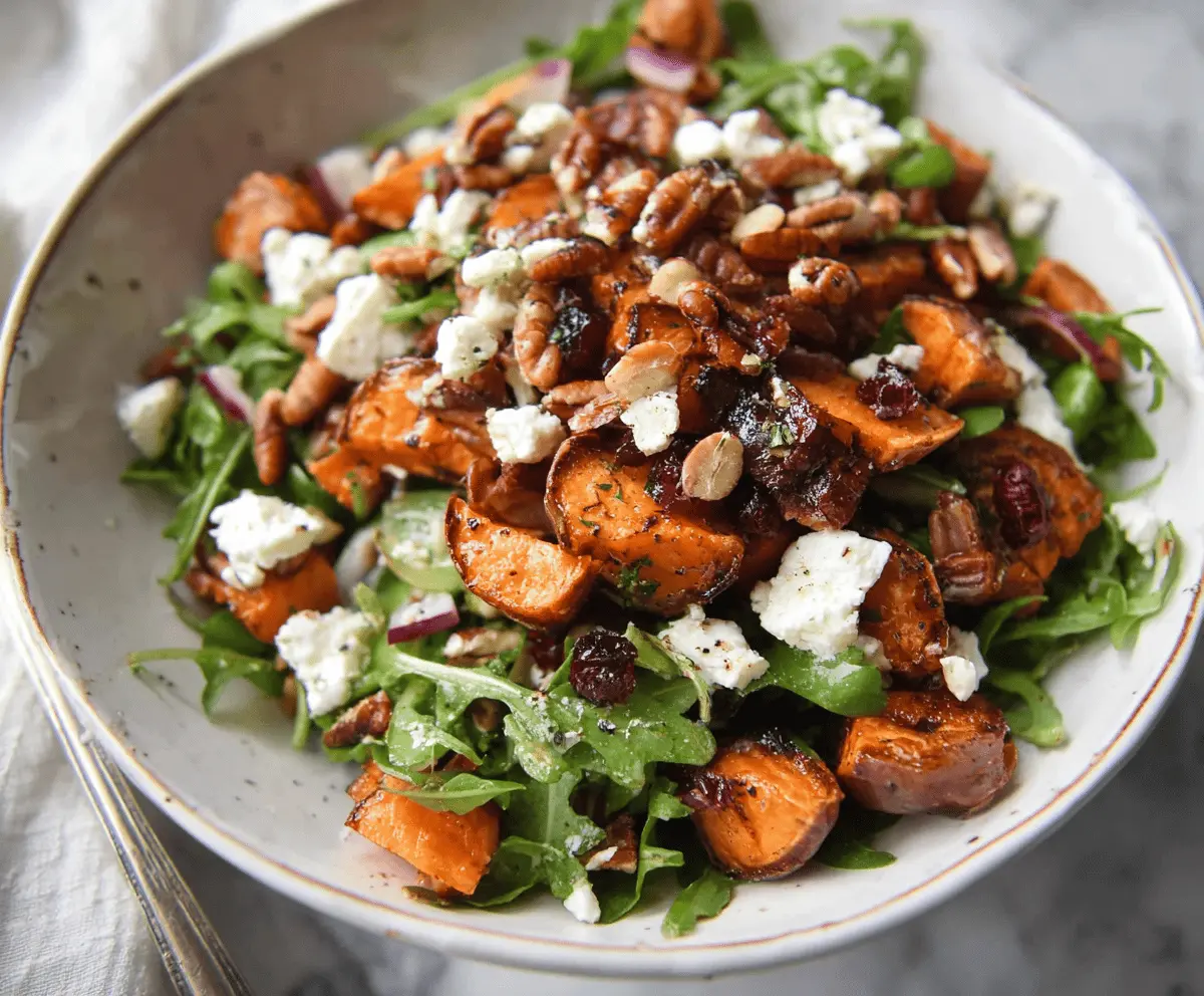Colorful sweet potato and feta salad with fresh greens and a drizzle of vinaigrette, perfect for a healthy meal.