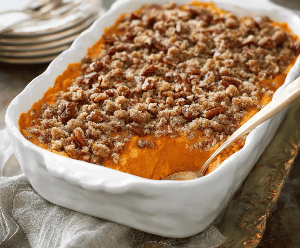 Delicious sweet potato casserole topped with crunchy pecan streusel, served in a baking dish for a festive holiday side dish.