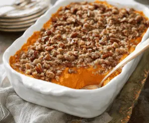 Delicious sweet potato casserole topped with crunchy pecan streusel, served in a baking dish for a festive holiday side dish.