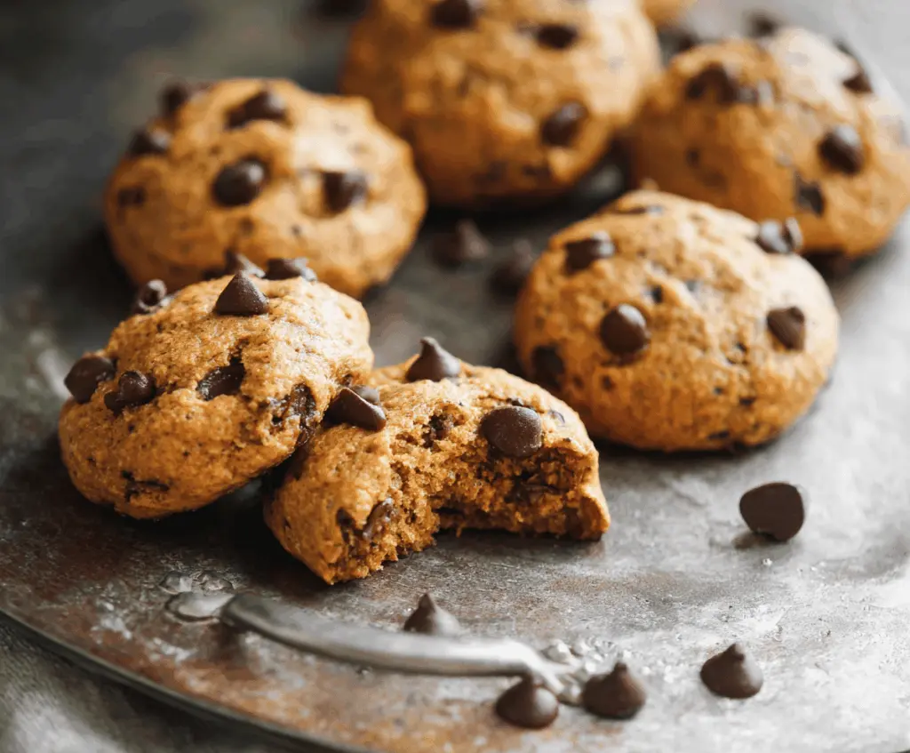 Delicious homemade sweet potato chocolate chip cookies on a plate, featuring soft texture and gooey chocolate chips, perfect for a healthy dessert treat.
