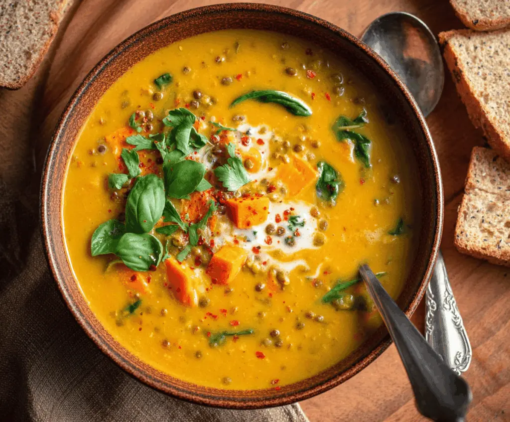Creamy sweet potato curry soup garnished with fresh cilantro and a swirl of coconut milk in a rustic bowl.