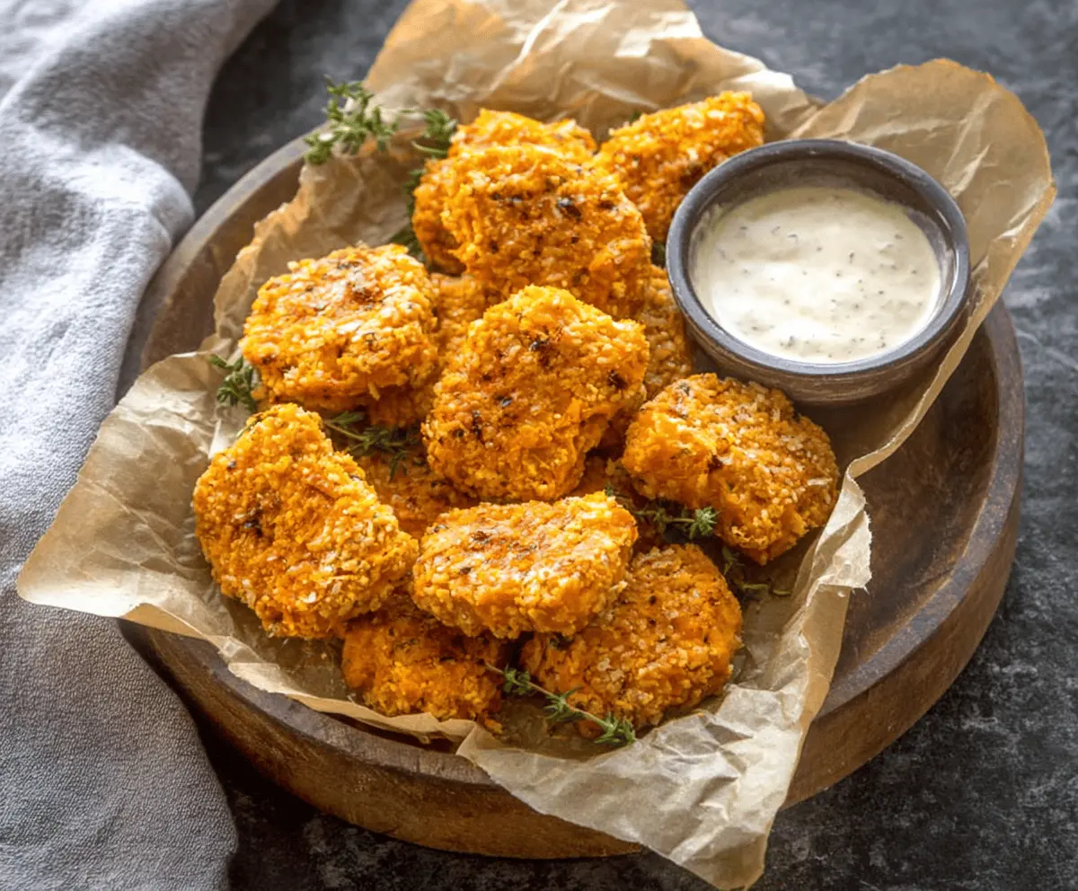 Golden-brown sweet potato nuggets served with a side of dipping sauce on a plate, perfect for a healthy snack or appetizer.