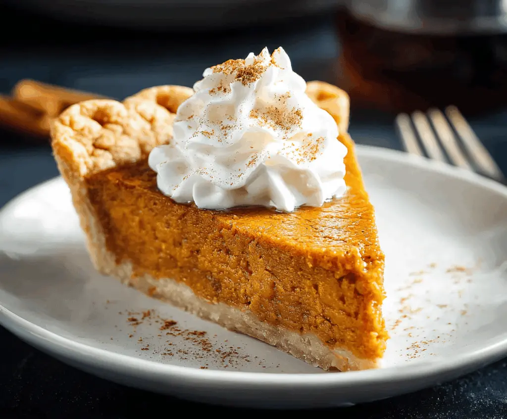Delicious homemade sweet potato pie topped with whipped cream on a rustic serving plate, perfect for fall desserts