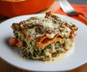 Delicious sweet potato spinach lasagna layered with melted cheese and fresh greens on a white plate, ready to serve