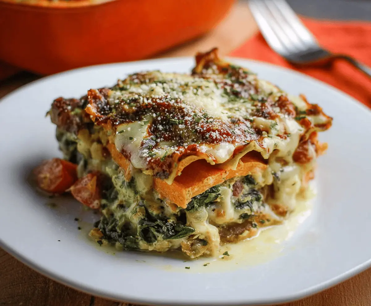 Delicious sweet potato spinach lasagna layered with melted cheese and fresh greens on a white plate, ready to serve
