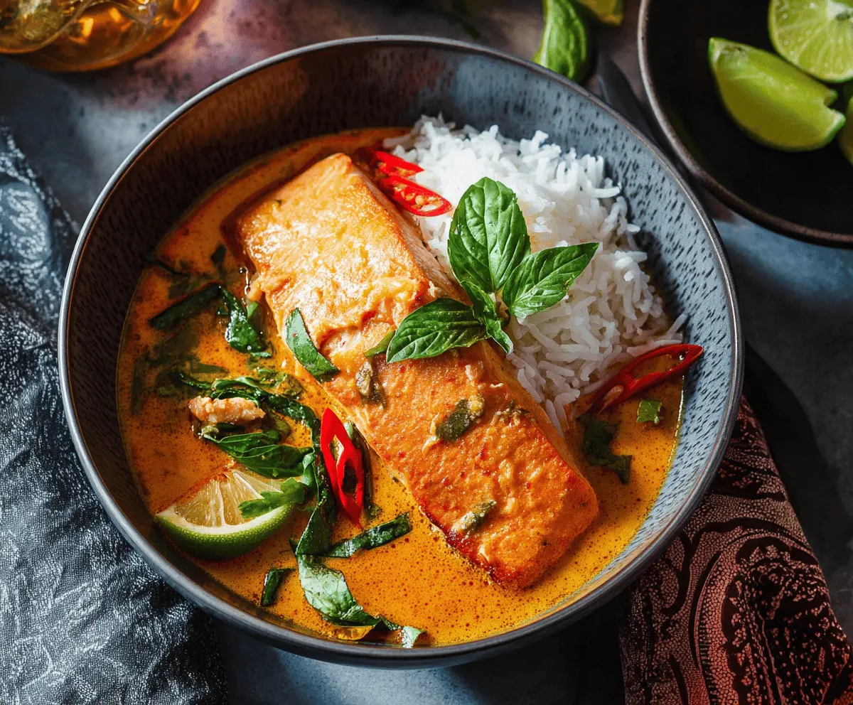 Spicy Thai Red Curry Salmon dish featuring tender salmon fillet topped with vibrant red curry sauce, fresh vegetables, and herbs on a white plate.