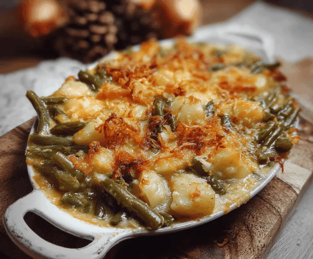Delicious green bean casserole with potatoes in a baking dish, perfect for holiday dinners.