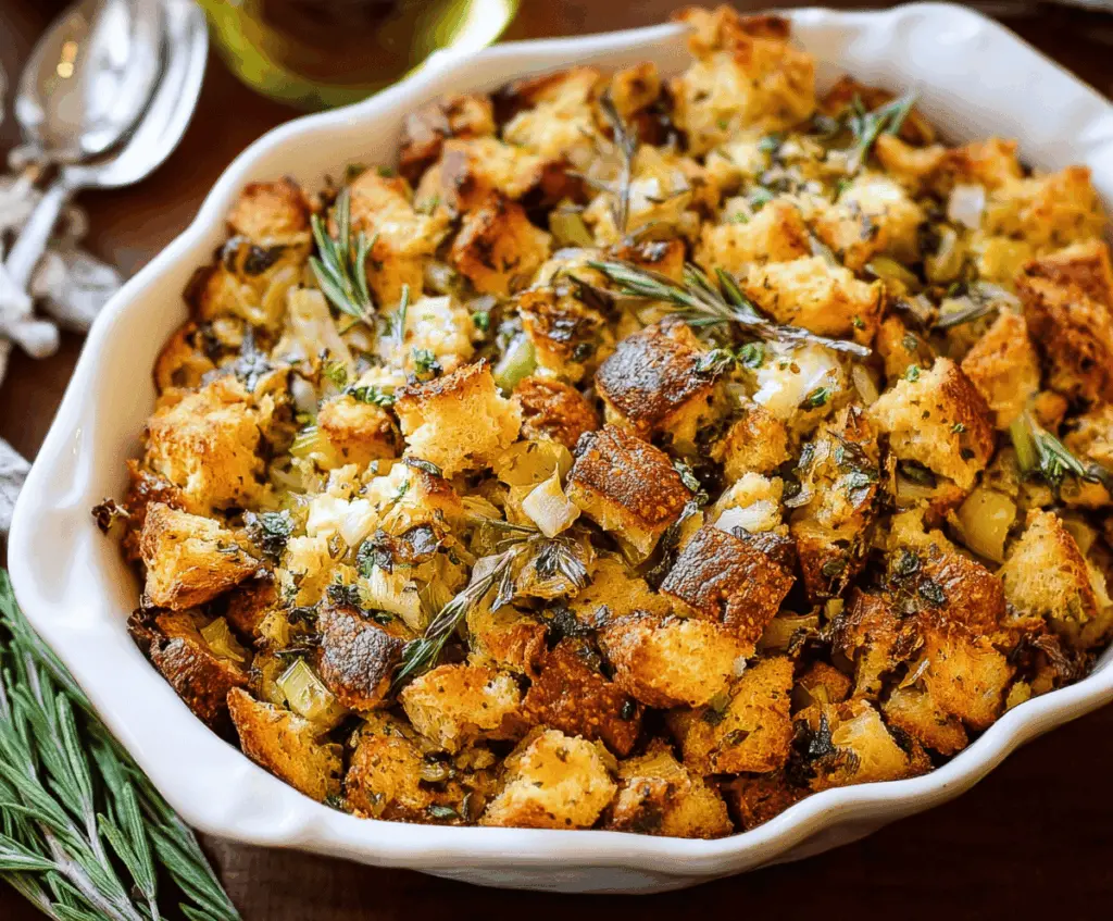 Delicious traditional Thanksgiving stuffing with bread cubes, herbs, and vegetables in a baking dish.