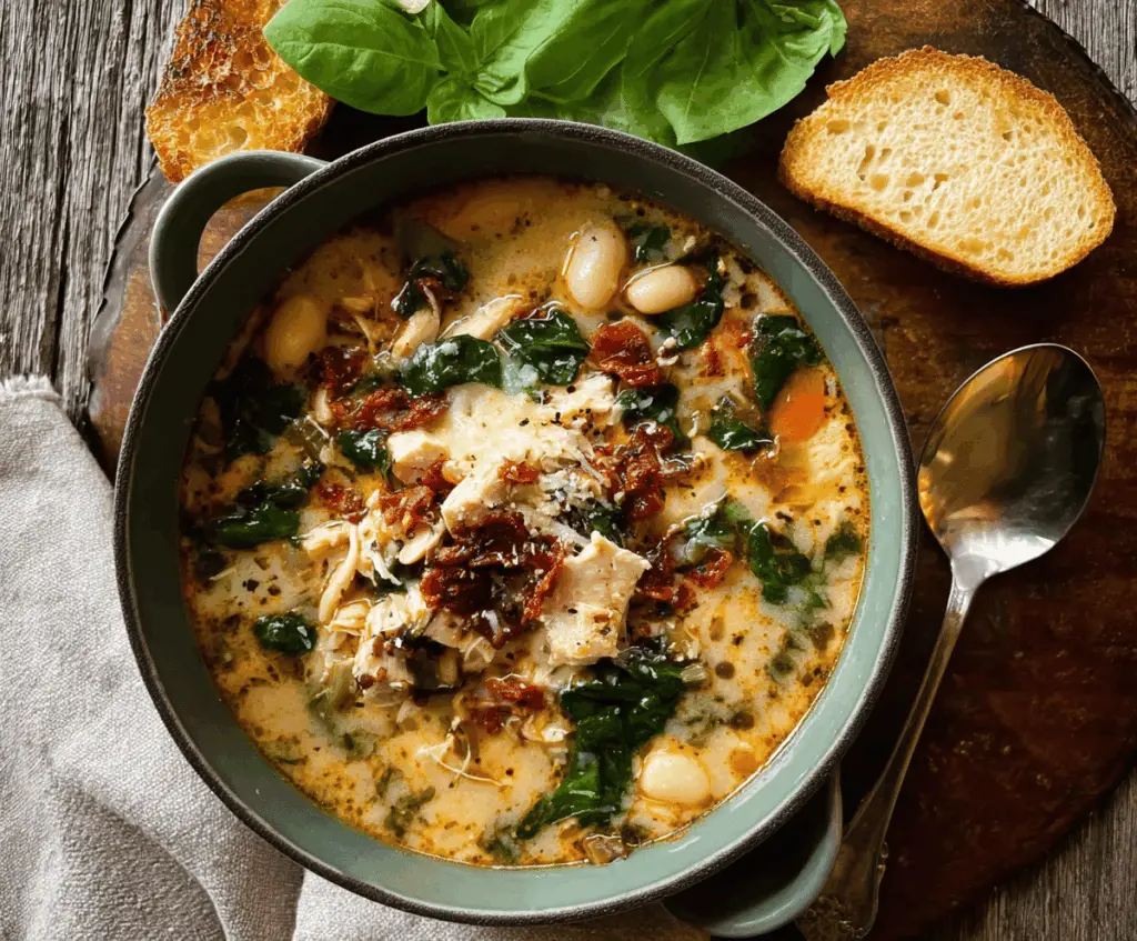 Creamy Tuscan Chicken Soup with spinach, sun-dried tomatoes, and shredded chicken in a savory broth, perfect for a comforting meal