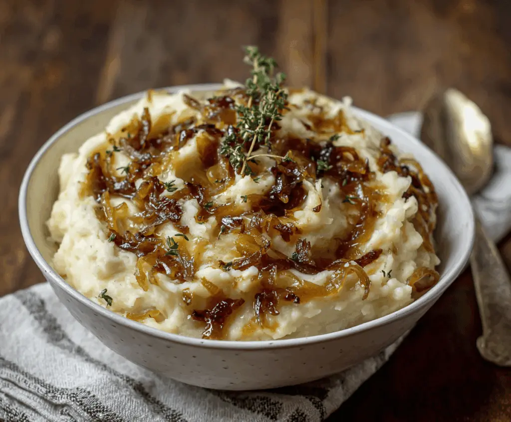 Creamy vegan caramelized onion mashed potatoes topped with golden caramelized onions and fresh herbs, perfect for a plant-based comfort meal.