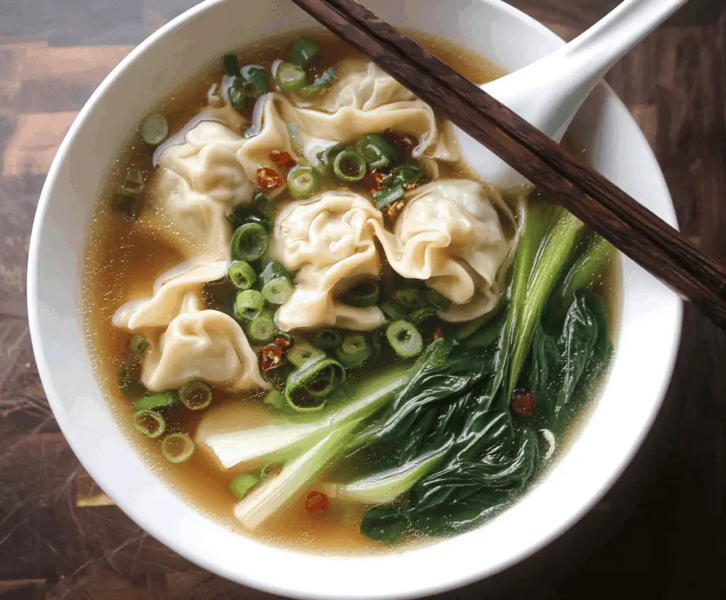 A bowl of steaming wonton soup garnished with fresh herbs, featuring delicate wontons floating in clear broth with vegetables and green onions.
