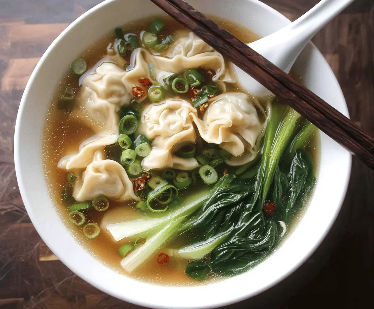 A bowl of steaming wonton soup garnished with fresh herbs, featuring delicate wontons floating in clear broth with vegetables and green onions.